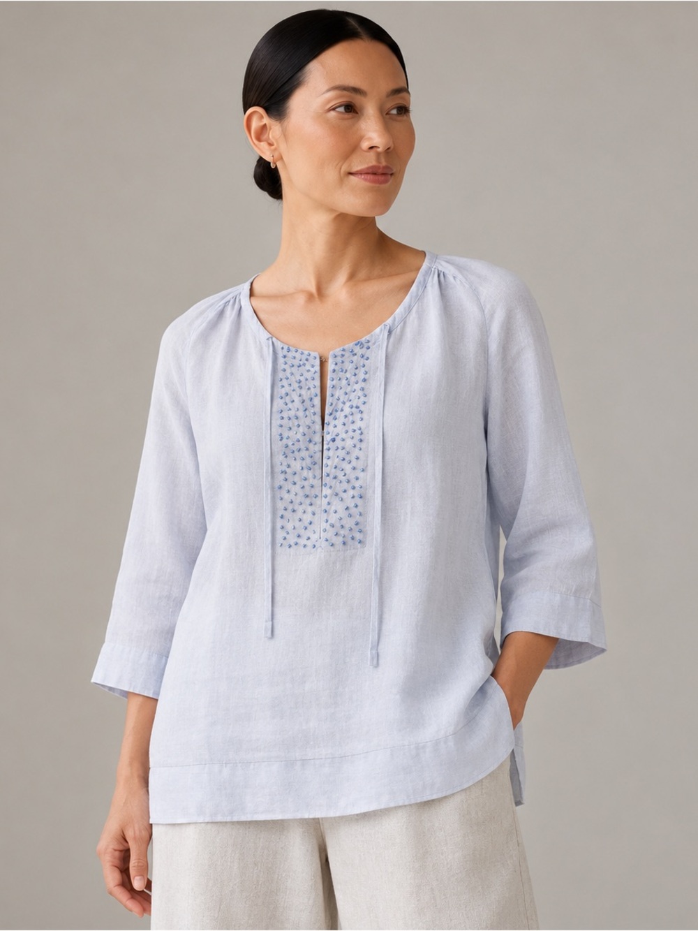 Eileen Fisher Ice Blue 100% Irish Linen Beaded Tunic Top Blouse L